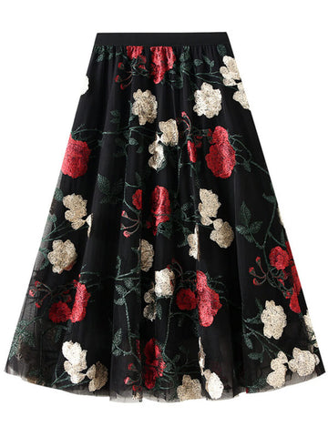 Woochic jupe longue tulle brodée fleurie femme élégant vintage Noir ONE SIZE
